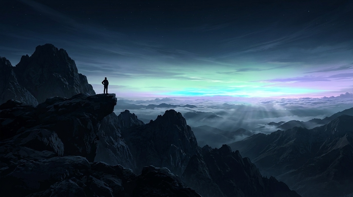 Panoramic twilight mountains silhouette